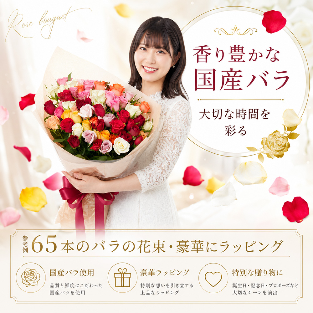 65本の豪華なバラの花束