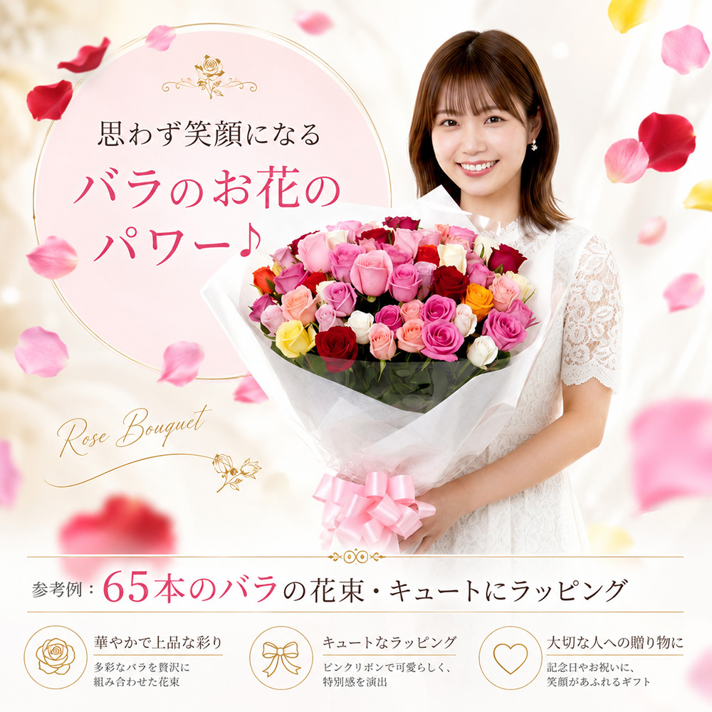 65本のキュートなバラの花束